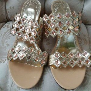 HGJ Gold Sparkle Bling Open Toe Slides Sandals Heels Shoe Women EUR 39 / US 8